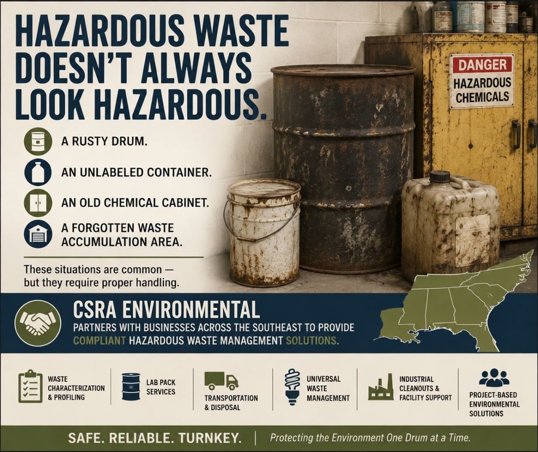 Hazardous waste doesn't always look hazardous — CSRA Environmental partners with businesses across the Southeast to provide compliant hazardous waste management solutions. Services include waste characterization, lab pack, transportation, universal waste, industrial cleanouts, and project-based solutions. Safe. Reliable. Turnkey.